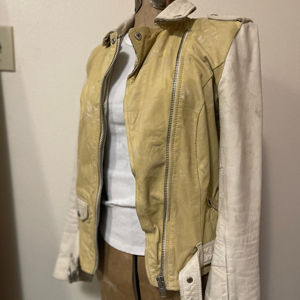 All Saints Yellow and Cream Leather Jacket